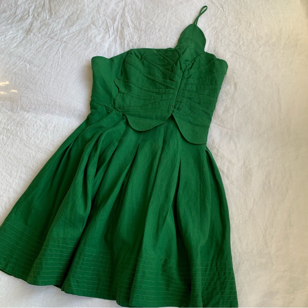 NWT Farm Rio Lea Linen Tropical Vacation Pleated One Shoulder Mini Dress Green - Picture 8 of 15